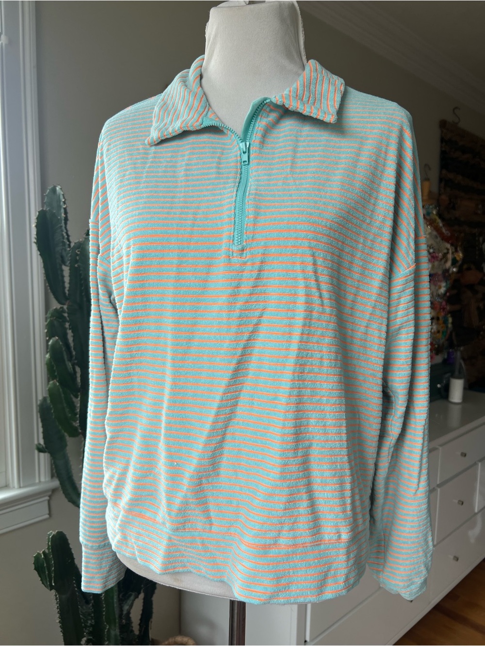 Peloton Mint and Coral Striped Half-Zip Sweatshirt